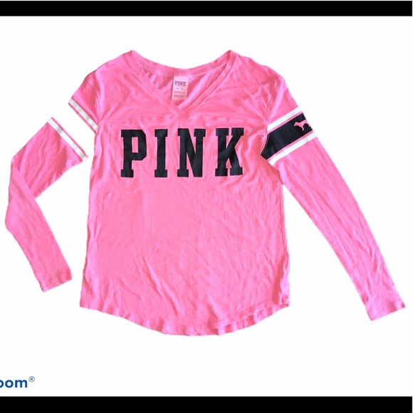 PINK Victoria's Secret Tops - VS PINK Pink Logo V-neck Long Sleeve Tee Top XS